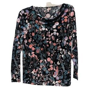 WinterSilks 100% Silk Midweight Knit Long Sleeve Black Multi Floral Blouse Sz L